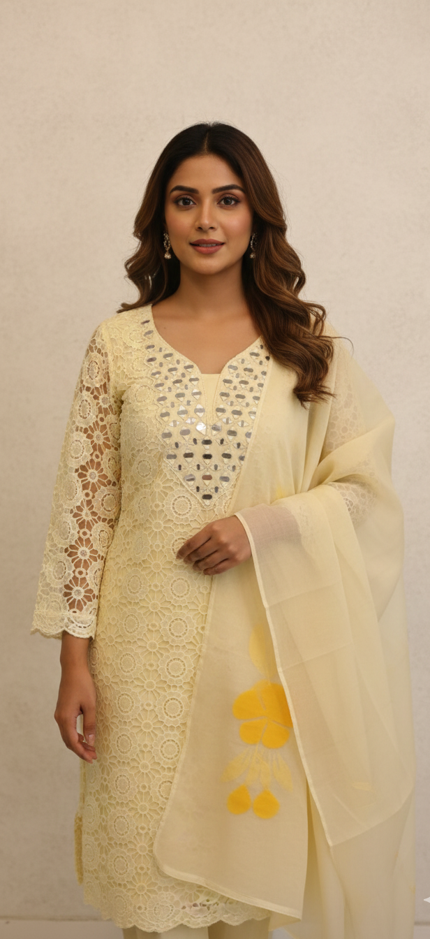 Pastel Yellow Schiffli Lace Kurta with Mirror Work & Organza Dupatta Set