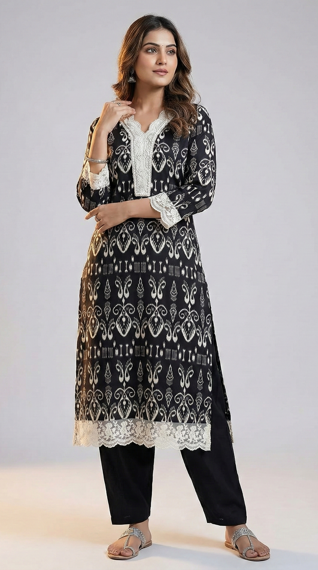 Black & Off-White Geometric Print Kurta with Pant Set