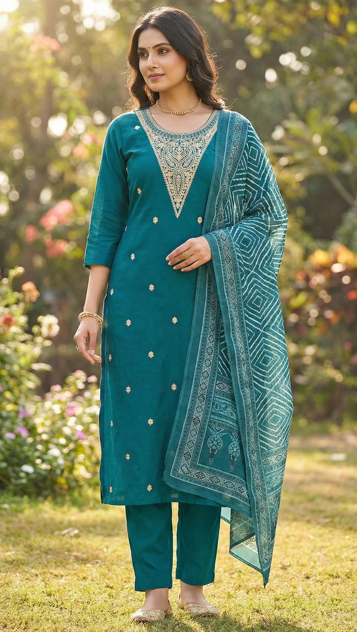 Midnight Teal Embroidered Kurta with Geometric Dupatta Set