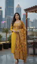 Golden Mustard Embroidered Kurta with Ornate Printed Dupatta Set