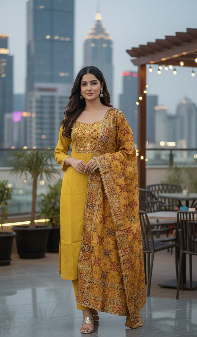 Golden Mustard Embroidered Kurta with Ornate Printed Dupatta Set