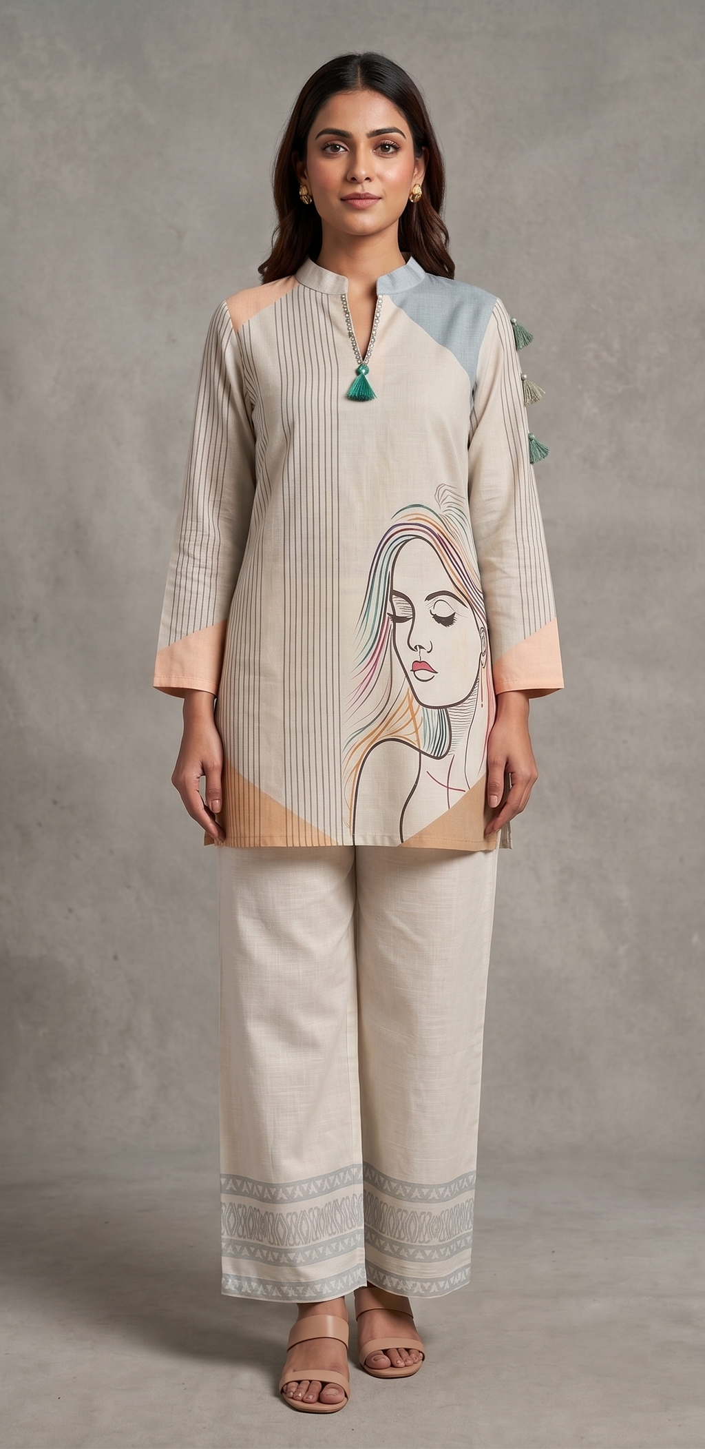 Beige Striped Tunic Set with Line Art Portrait & Wide-Leg Pants