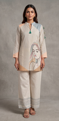 Beige Striped Tunic Set with Line Art Portrait & Wide-Leg Pants