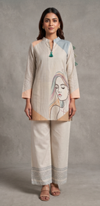 Beige Striped Tunic Set with Line Art Portrait & Wide-Leg Pants