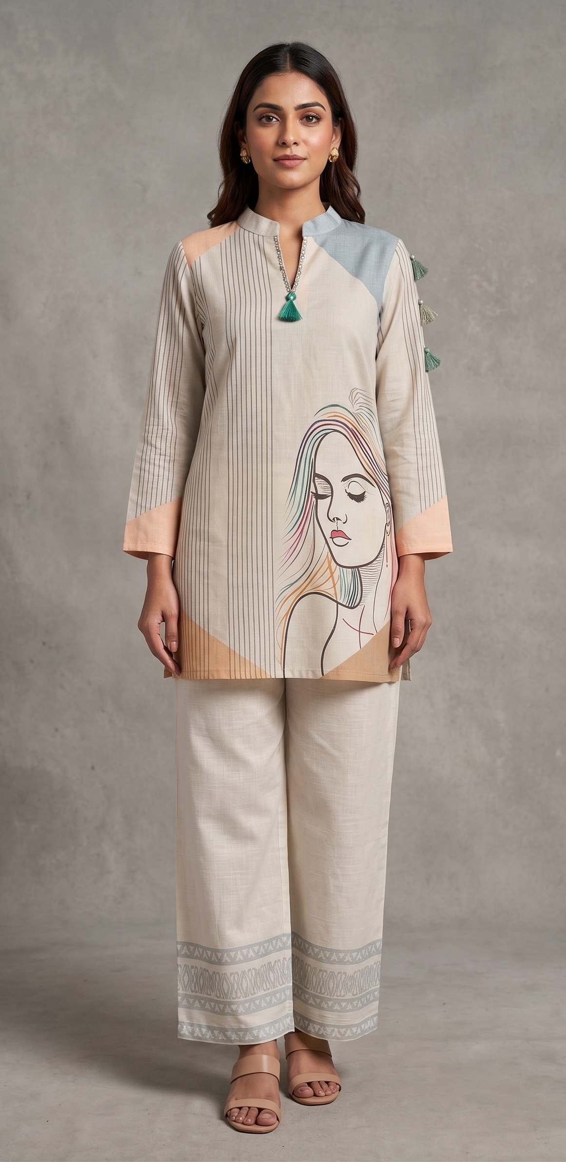 Beige Striped Tunic Set with Line Art Portrait & Wide-Leg Pants