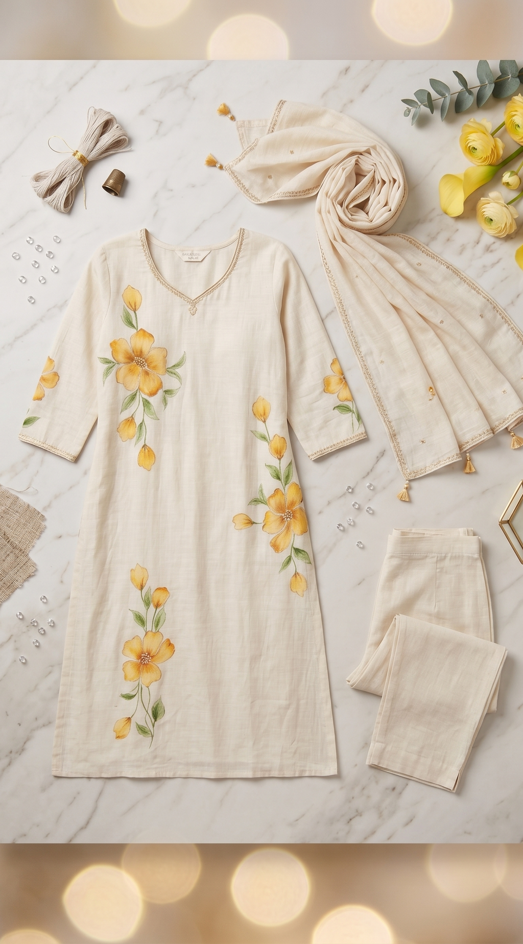 Ivory Cream Floral Hand-Painted Straight Kurta Set with Dupatta