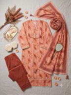 Women's Peach & Rust Floral Printed Cotton Kurta Set with Dupatta – 3-Piece Ethnic Suit