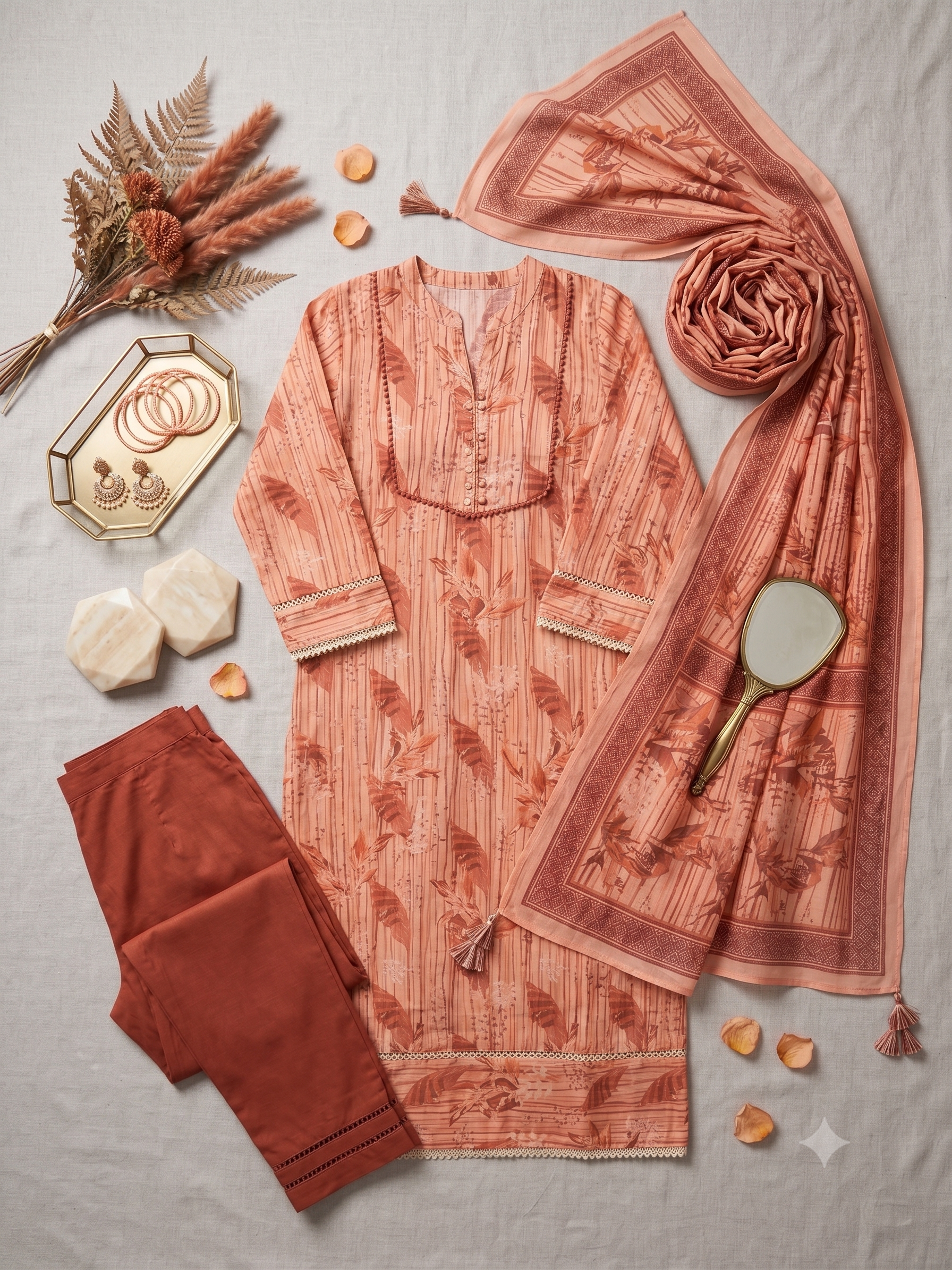 Women's Peach & Rust Floral Printed Cotton Kurta Set with Dupatta – 3-Piece Ethnic Suit