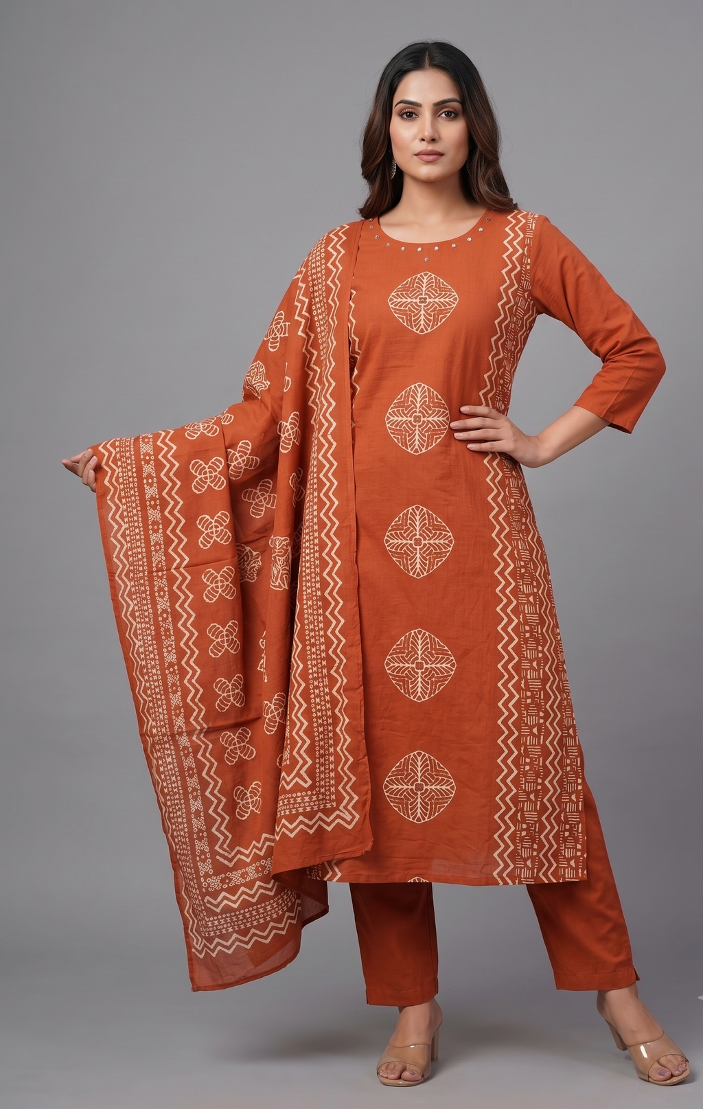 Rust Orange Block-Printed Straight Kurta Set with Dupatta