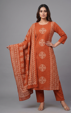 Rust Orange Block-Printed Straight Kurta Set with Dupatta