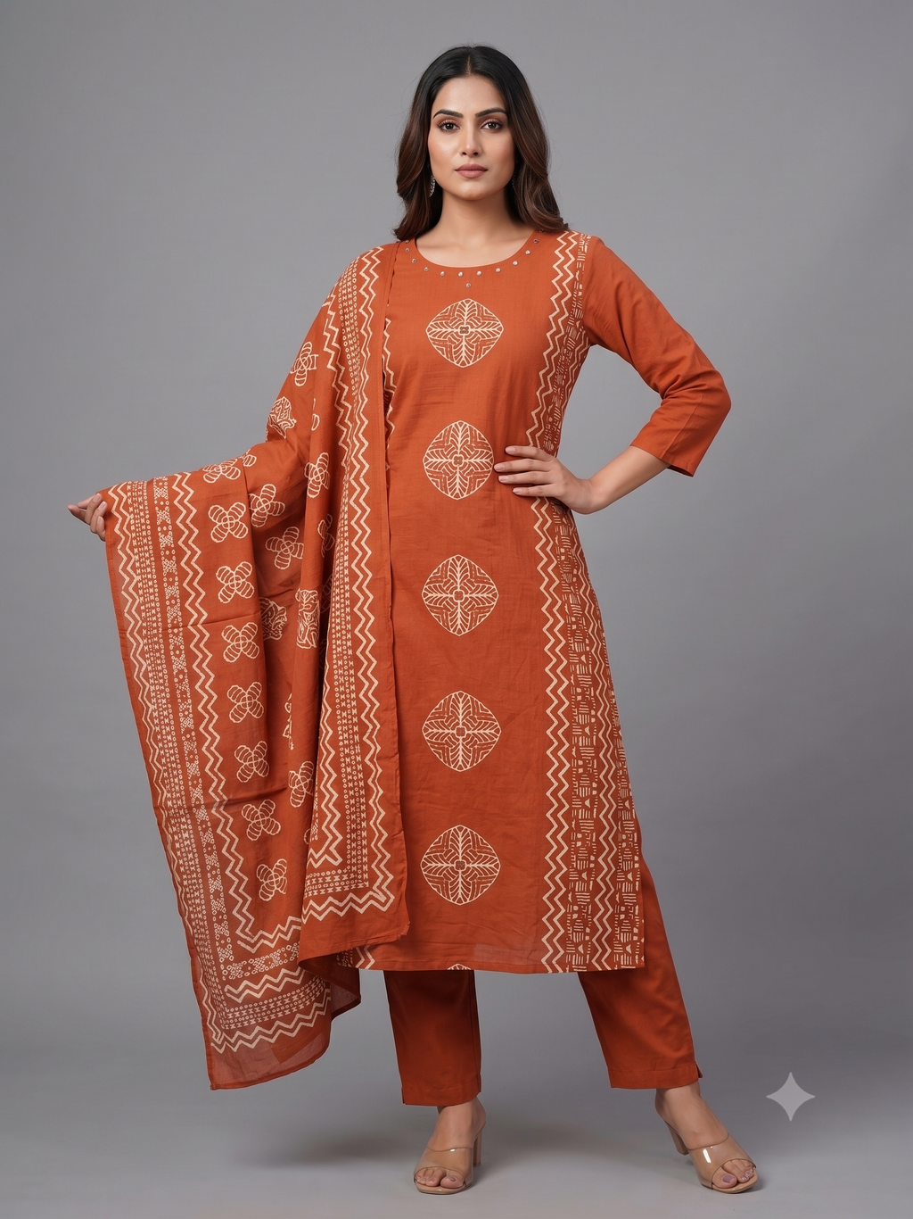 Traditional Rust Printed Kurta & Pant Set