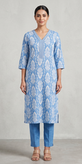 Sky Blue Ikat Print Embroidered V-Neck Kurti Pant Set