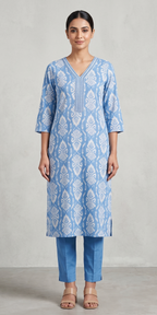 Sky Blue Ikat Print Embroidered V-Neck Kurti Pant Set