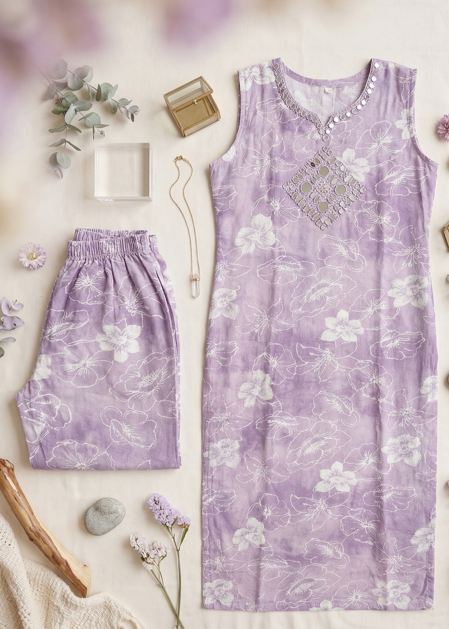 Lavender Tie-Dye  Sleevless Kurti Paint Set with Diamond Yoke Embroidery