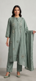 Sage Green Embroidered Kurti Pant Set with Dupatta