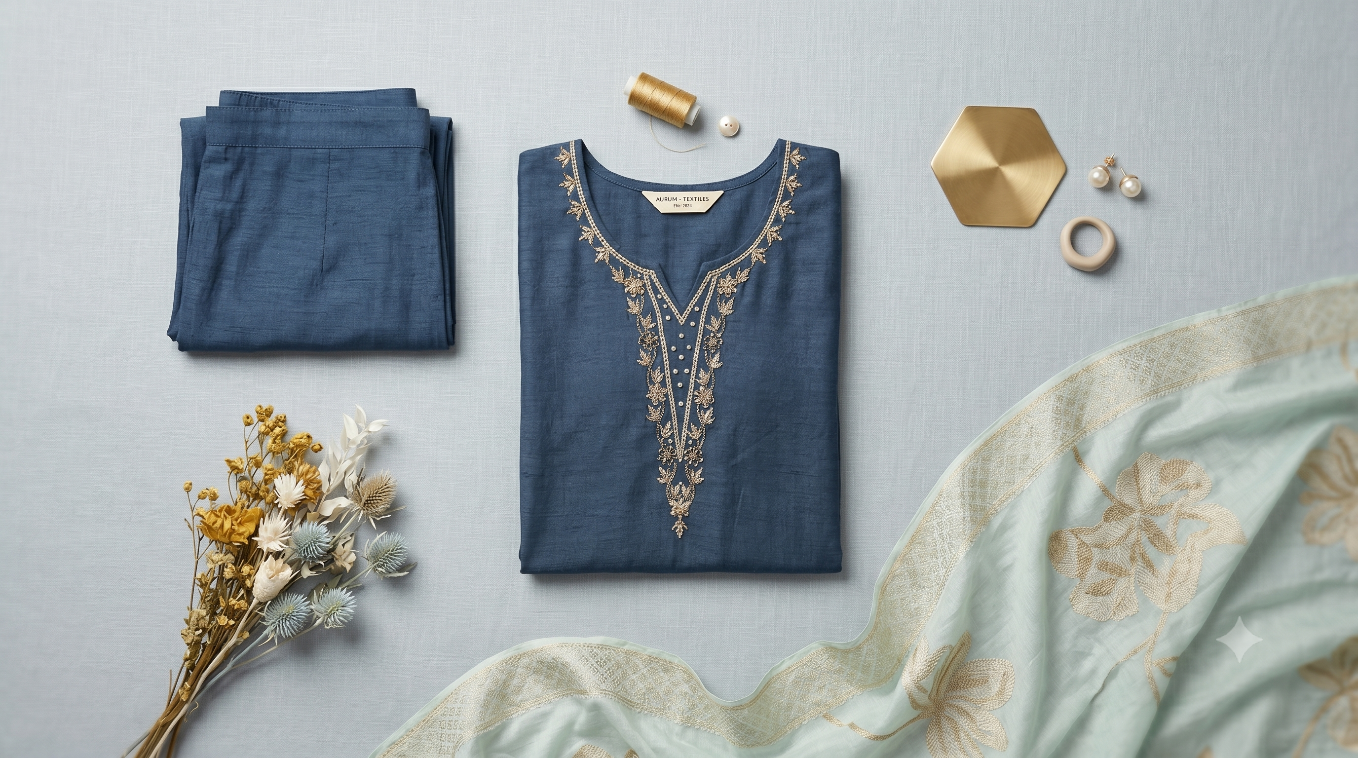 Indigo Blue Embroidered Chanderi Kurta Set with Mint Floral Dupatta