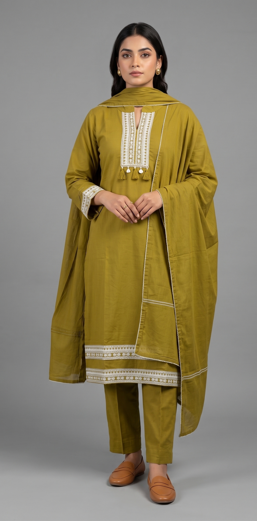 Mustard Olive Green Cotton Kurta Pant Set with Embroidered Yoke