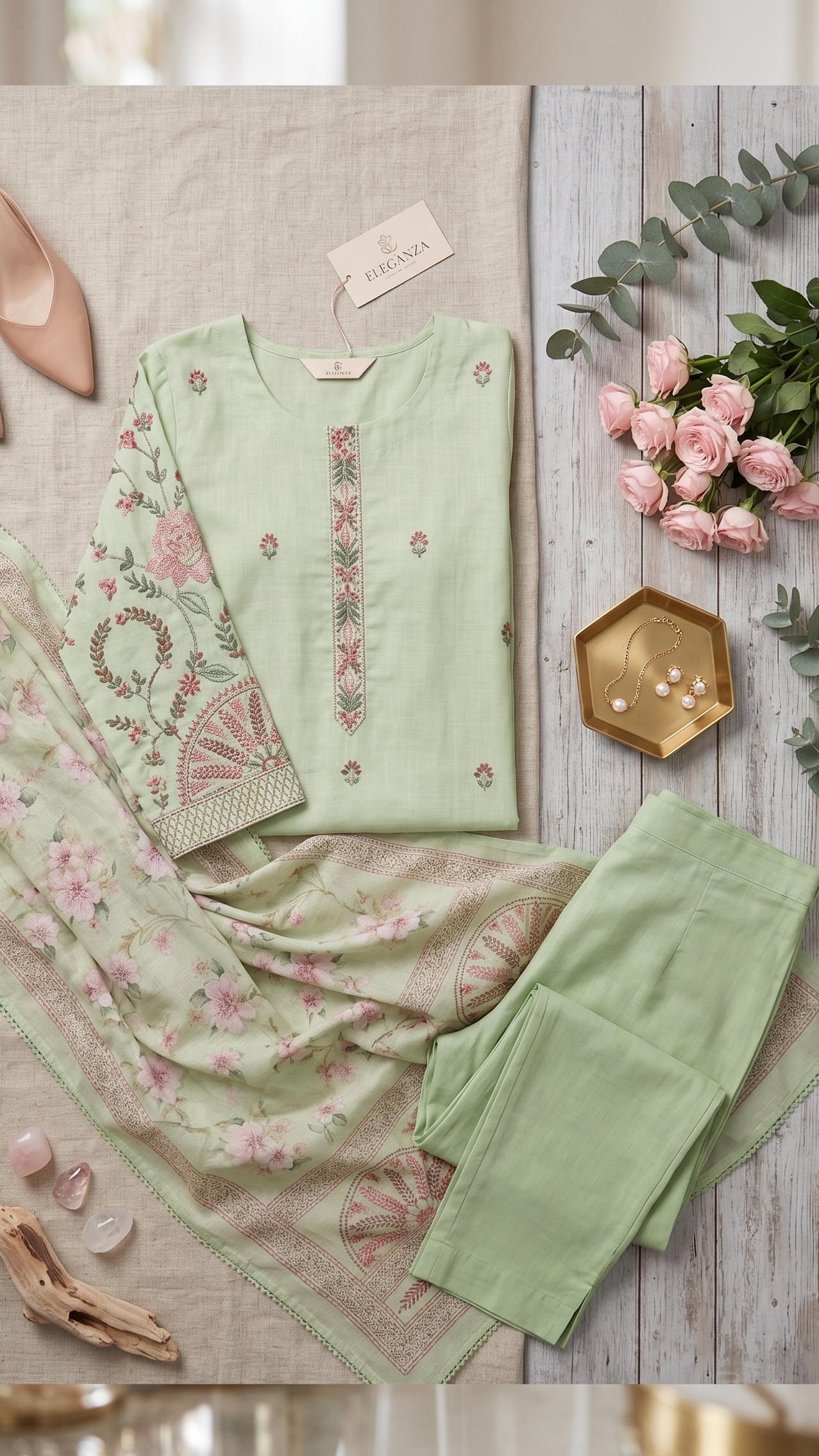 Mint Blossom Embroidered Kurta Set with Floral Dupatta