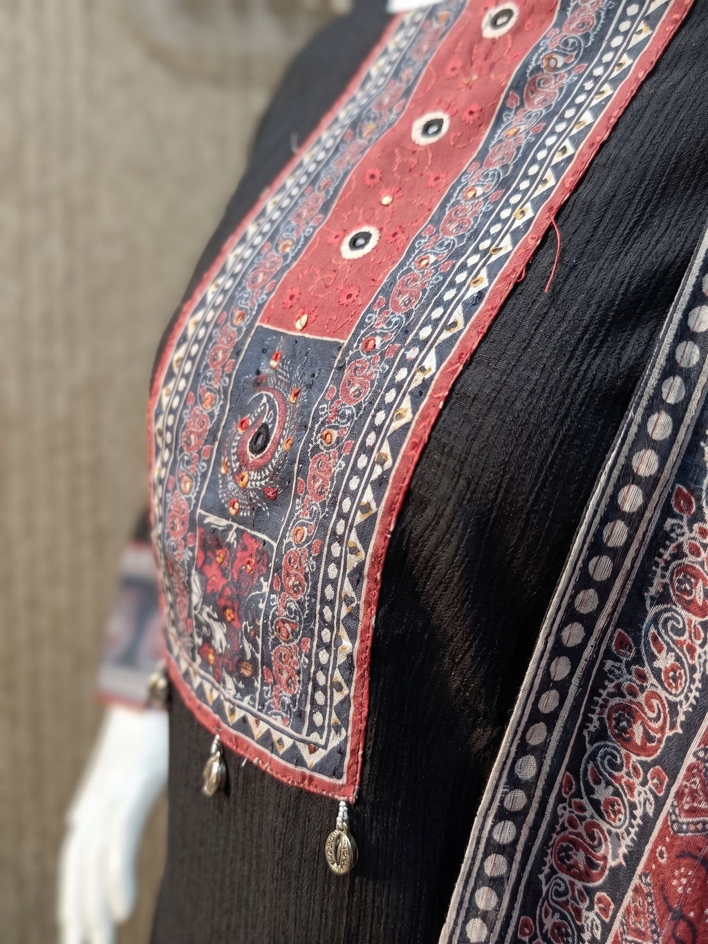 Jet Black Slub Cotton Kurta Pant Set with Printed Maroon Dupatta