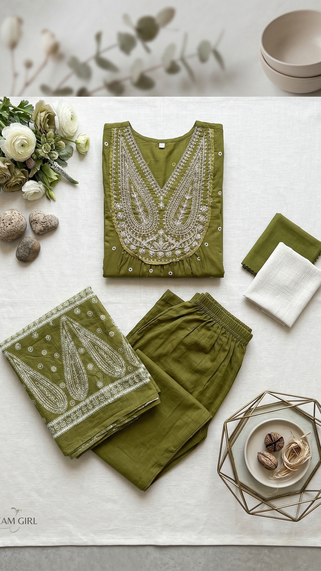 Olive Green Embroidered A-Line Kurta Suit Set
