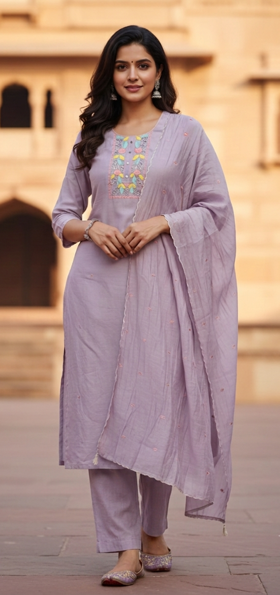 Lavender Elegance Embroidered Kurta with Straight Pants & Dupatta Set