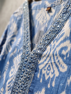 Sky Blue Ikat Print Embroidered V-Neck Kurti Pant Set