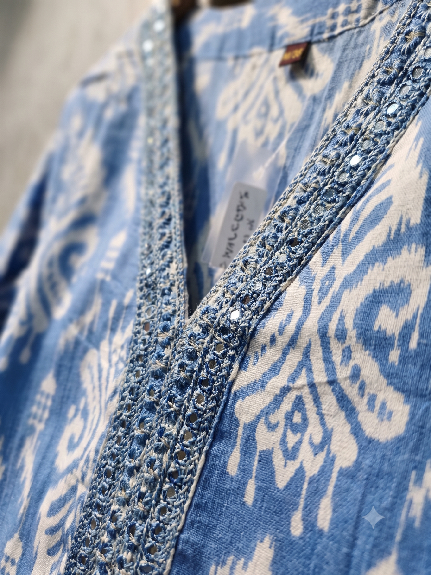 Sky Blue Ikat Print Embroidered V-Neck Kurti Pant Set