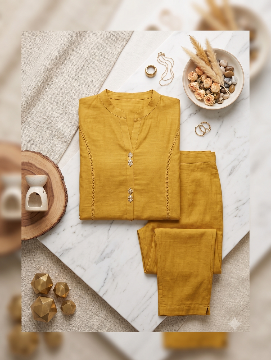 Mustard Yellow Mandarin Collar Kurta & Pant Set with Lace Detailing