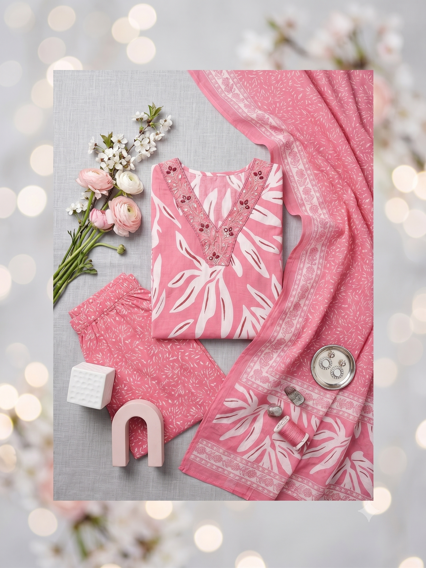 Women's Pink & White Abstract Leaf Printed Cotton Kurta Set with Dupatta – 3-Piece Ethnic Suit Set