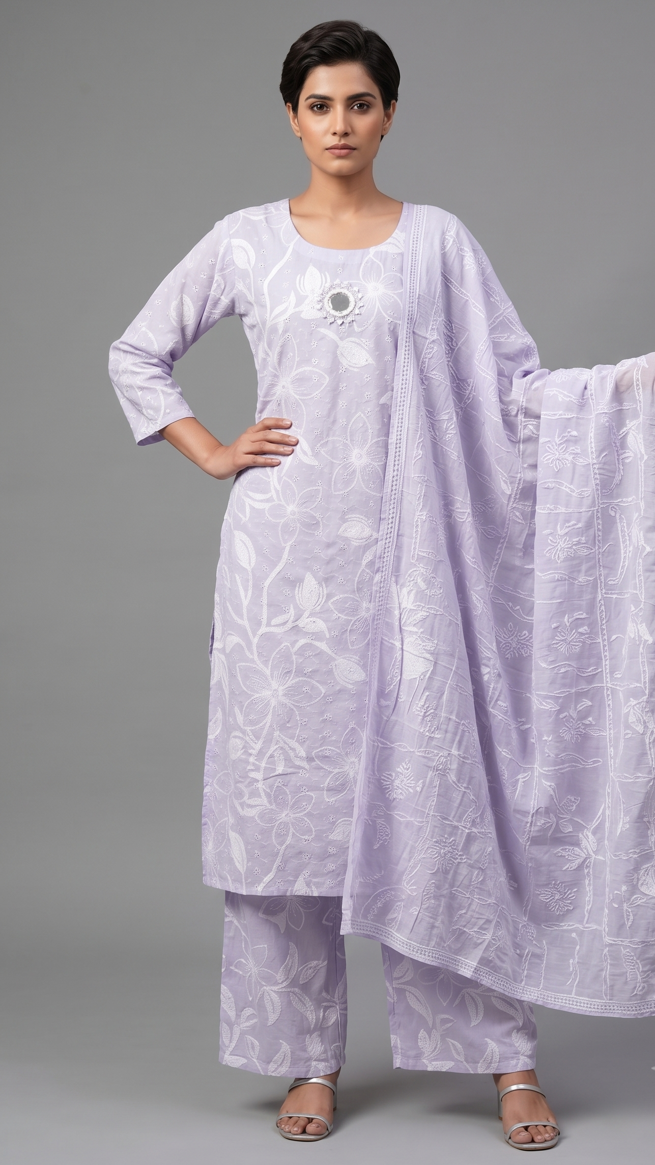 Lilac Bloom Embroidered Kurta Set with Mirror Detail