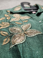 Peacock Teal Silk-Blend Co-ord Set with Botanical Embroidery