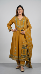 Festive Mustard A-Line Kurta Set with Green Border Detailing