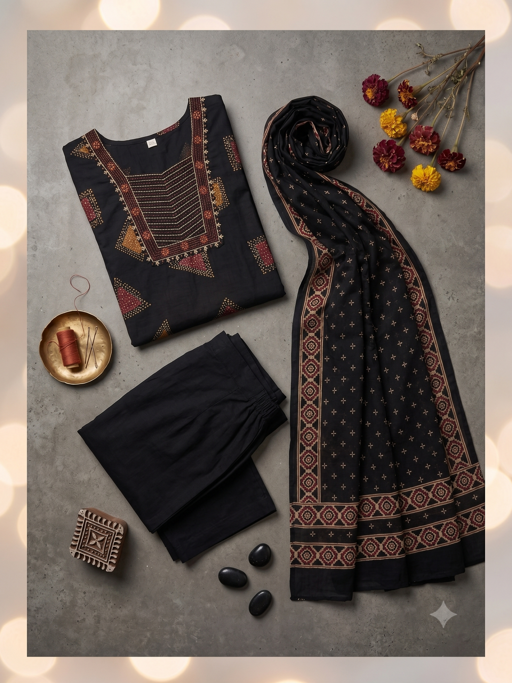 Women's Jet Black Cotton Kurta Set with Dupatta – 3-Piece Geometric Ajrakh-Inspired Printed Suit Set