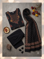 Women's Jet Black Cotton Kurta Set with Dupatta – 3-Piece Geometric Ajrakh-Inspired Printed Suit Set