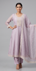 Pastel Lavender Anarkali Kurta Set with Embroidered Organza Dupatta