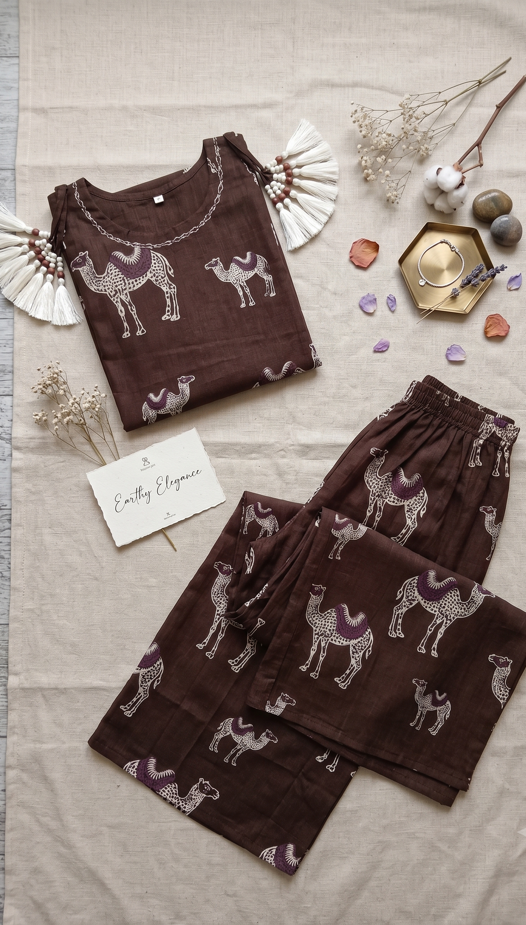 Chocolate Brown Camel Print Co-ord Set with Shoulder Tie Tassels