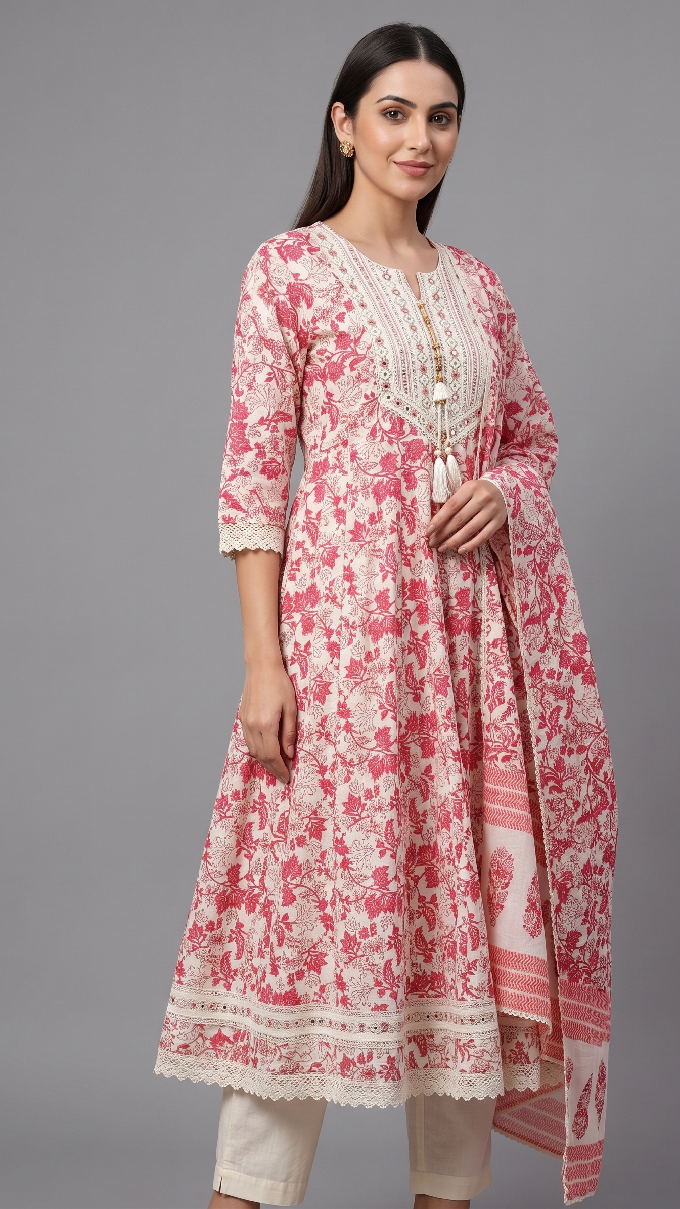 Crimson Blossom Floral Mirror-Work Anarkali Set