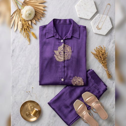 Amethyst Bloom Embellished Satin Co-ord Set