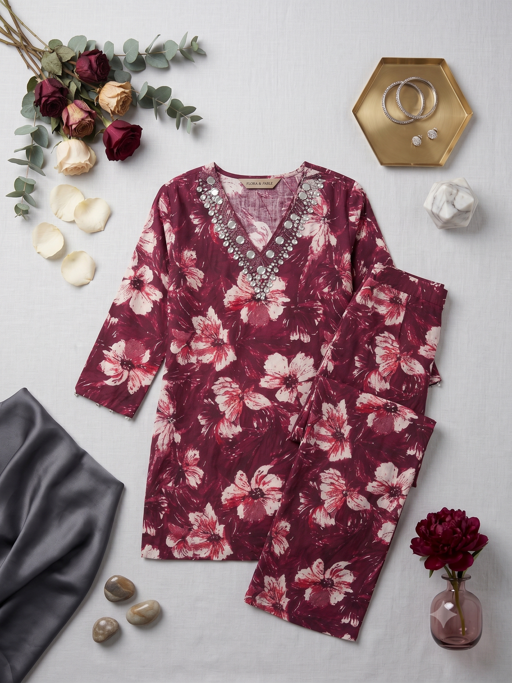 Wine Floral Printed Co-ord Set with Embroidered Neckline