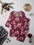 Wine Floral Printed Co-ord Set with Embroidered Neckline