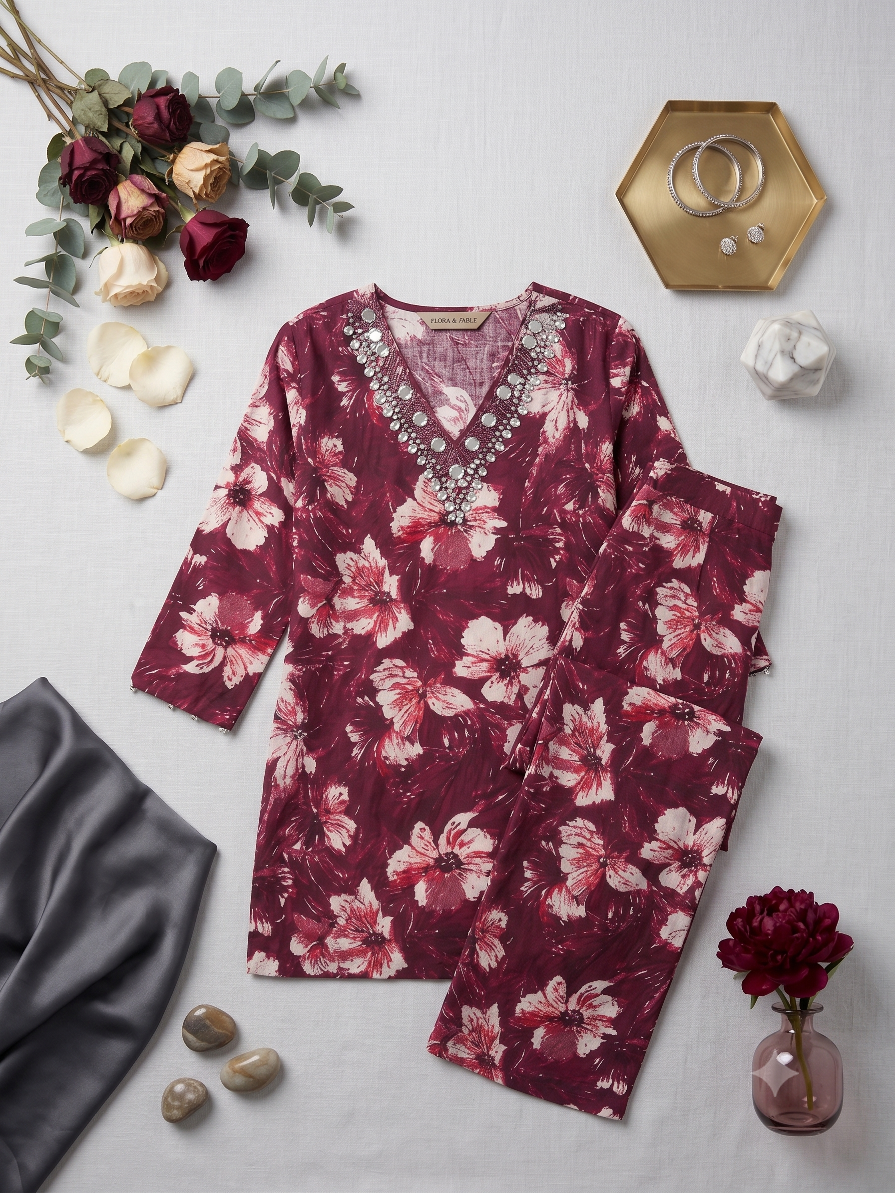 Wine Floral Printed Co-ord Set with Embroidered Neckline