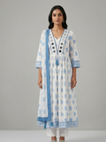 White and Blue Floral Flared Kurta Set with Mirror Work