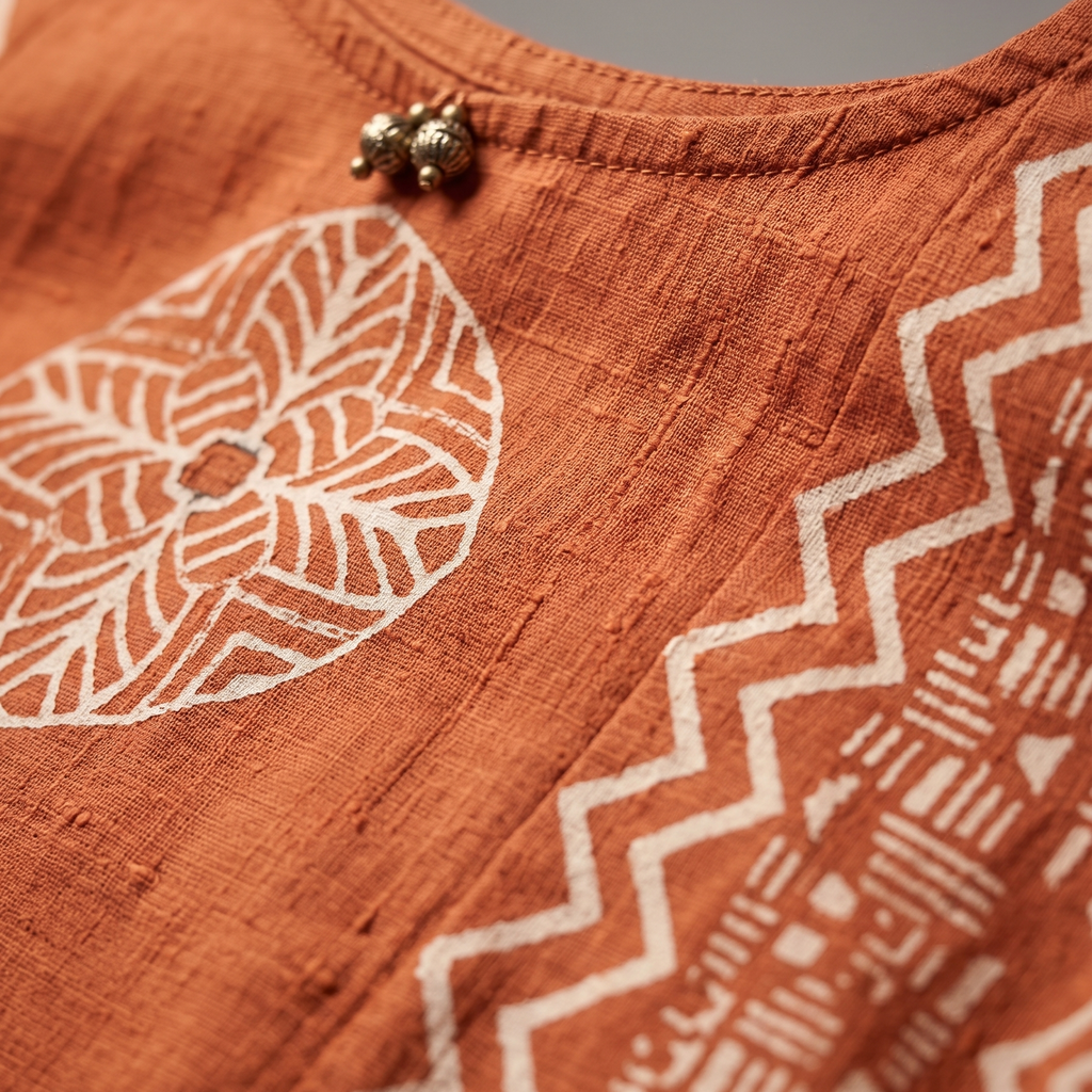 Rust Orange Block-Printed Straight Kurta Set with Dupatta