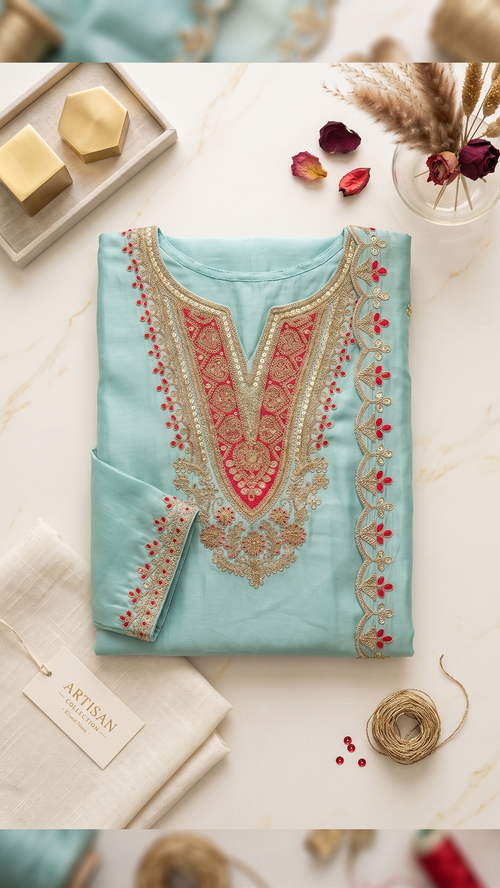 Aqua Mist Zari Embroidered Kurta Set