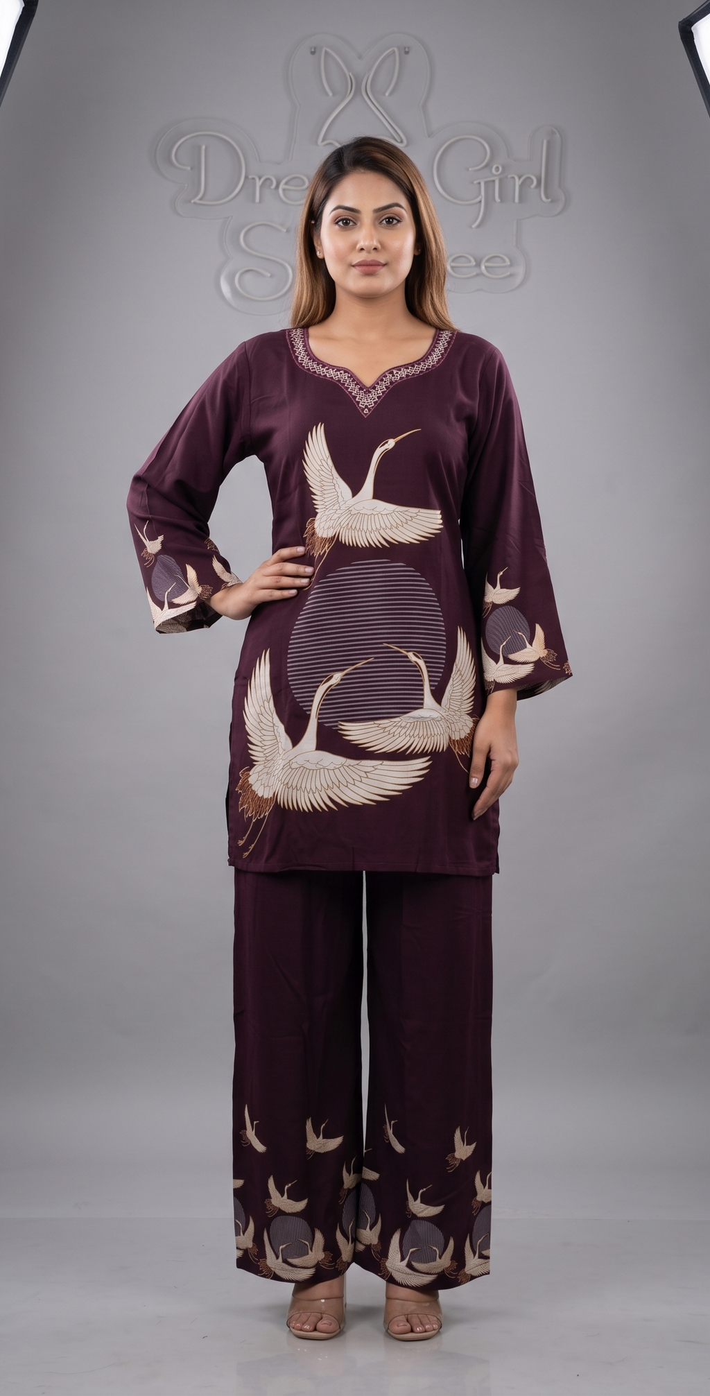 Deep Wine Crane Print Tunic and Wide-Leg Palazzo Co-ord Set