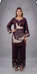 Deep Wine Crane Print Tunic and Wide-Leg Palazzo Co-ord Set