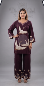 Deep Wine Crane Print Tunic and Wide-Leg Palazzo Co-ord Set