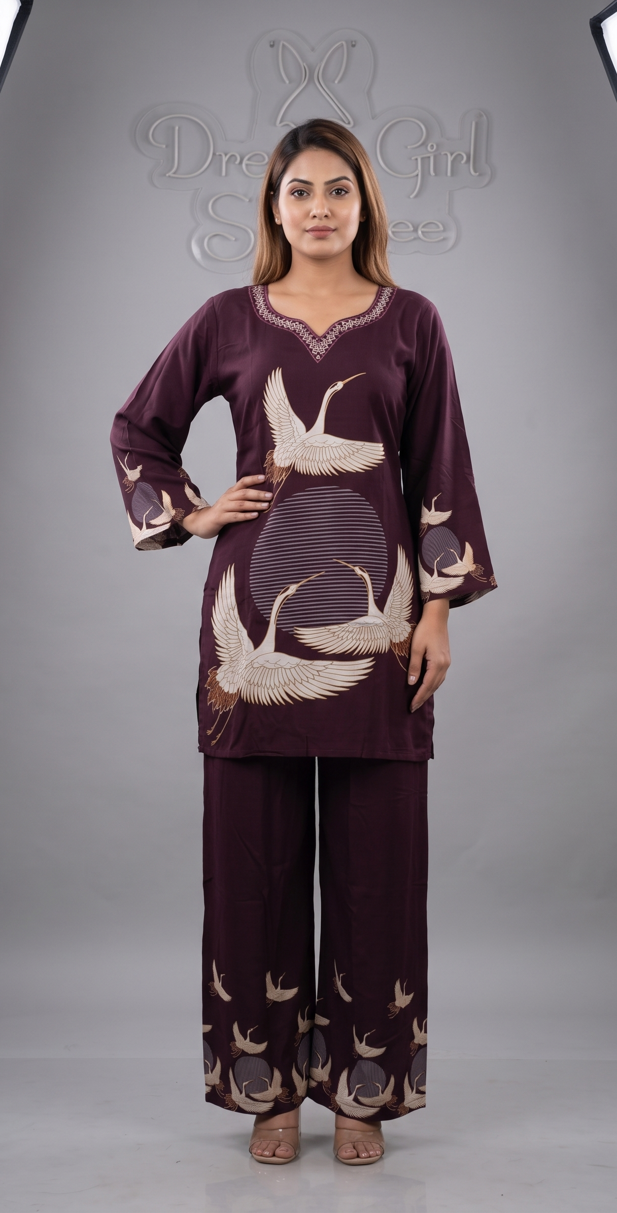Deep Wine Crane Print Tunic and Wide-Leg Palazzo Co-ord Set
