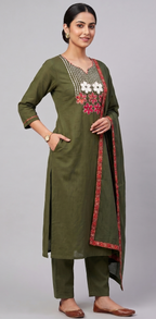 Olive Green Embroidered Straight Kurta Pant Set with Dupatta