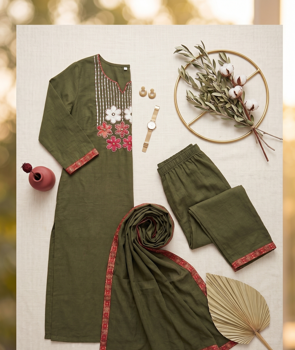 Olive Green Embroidered Straight Kurta Pant Set with Dupatta